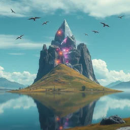 planet crystal, hill by a lake with a mongolian solarpunk, drone birds in the sky
