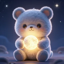 a very very cute stuffed animal holding a glowing moon in it's hands, backlight, 3 d render, octane render, magical lighting, stars in the night sky, digital art, artstation, highly detailed still from moon holder by pixar and dreamworks