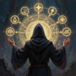 an epic painting of the wizard in the hood, surrounded by glowing symbols making hand passes to draw outlines of the new world, back view, fantasy background, mystic, mysterious, oil on canvas, symmetric, perfect composition, golden ratio, digital painting, concept art, smooth, sharp focus, illustration, artstation trending, octane render, unreal engine, hd, 8 k, highly detailed