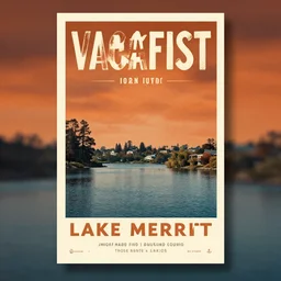 a vintage vacation poster for lake merritt in oakland with a smoky dark orange sky