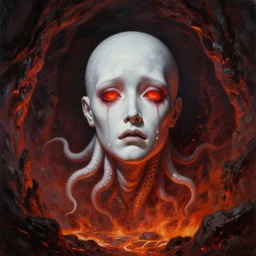 wayne barlowe painting of a flying sorrowful looking severed human head with tears running down it's eyes, face that is chalk white in color, with long white tentacles stemming from it's neck, fiery scorching red eyes, background sprawling terrifying hellish cave with lava flowing through it's walls, 4 k