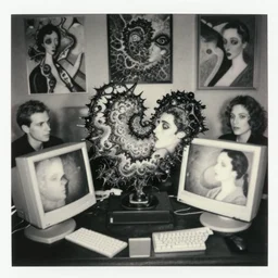 a black and white photo of computers in love, mandelbrot, in the style of egon schiele, wassily kandinsky, m c escher, gary baseman, jenny saville, surreal, film photography, soft lighting, fashion photography, polaroid photography