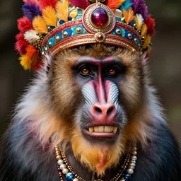Portrait of a mandrill monkey king posing in a colorful, majestic indian chief hat, wearing necklace with teeth, highly detailed face, realistic face, beautiful detailed eyes, fantasy art, in the style of artgerm, illustration, epic, fantasy, intricate, hyper detailed, artstation, concept art, smooth, sharp focus, ray tracing, vibrant, photorealistic