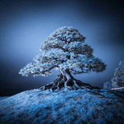 award winning infrared long exposure photography by andy lee, blue filter, beautiful bonsai tree on a hill, dramatic lighting, foggy, wide angle lens, long exposure photography