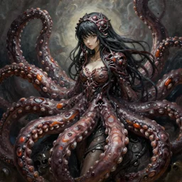 an anime girl that is slowly transforming into thick tentacles, matte oil painting, by rembrandt, monstrosity, concept art, d & d, fantasy, sharp focus, eldritch, award - winning, extremely detailed, 4 k, 8 k