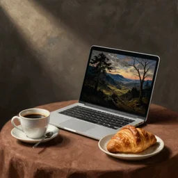 still life with a laptop on a table, a cup of coffee next to it and a croissant. painting by rembrandt