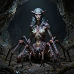 female drider sitting in a dark cave, ultra detailed, monster, half human half spider, human torso with a spider abdomen, creature design, dnd, d & d, concept art, octane render, 8 k, moody lighting, muted colors, blue tone light, dramatic lighting, realistic, john singer sargent, matte painting