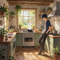 interior background art, bright window lit kitchen, morning, steaming food on the stove, wooden floors, houseplants, cottage decor, gapmoe yandere grimdark, trending on pixiv fanbox, painted by greg rutkowski makoto shinkai takashi takeuchi studio ghibli, akihiko yoshida