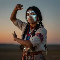 a beautiful portrait of a native american woman with glowing war face paint, dynamic pose, by jules bastien - lepage