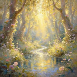 a luminous fairytale of an enchanted fairyland with flowering dainty vines and a sparkling magical river, by ferdinand knab, oil on canvas, volumetric lighting, radiating crepuscular rays, enchanting bright and light, glorious and epic, gold and pastels, rendered with unreal engine 5, trending on artstation