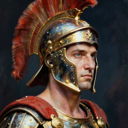 close - up portrait athenian warrior with helmet and armor, art by andy warhol