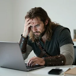 conan the barbarian sitting at a desk, frustrated at his laptop screen, laptop trouble, technical difficulties, crisp, expressive