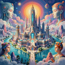 a sprawling cybernetic temple, a large hi - tech city, and a river surrounded by fractal mountains, volumetric clouds, cybernetic faces, vaporwave aesthetic, colorful, psychedelic, digital painting, artstation, concept art, smooth, sharp focus, illustration, art by artgerm and greg rutkowski and alphonse mucha