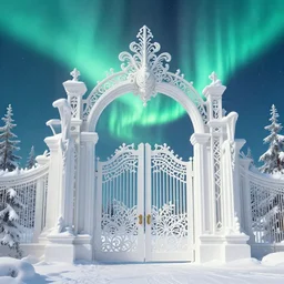 a very detailed concept art of intricate and scandinavian white gates to aurora borealis infused with magic, dynamic lighting trending on artstation, symmetry, digital art, 4 k, hyper realistic, octane render, sharp focus