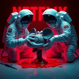 graphic art dystopian futuristic mechanic surgeons!!! astronauts, operate on a mickeymouse!!!!!!!!!! head cracked!! brain! exposed, held by claw, blood!!! on floor ominous glowing red netflix!!! logo background, beeple!!!!, clean concept art, smooth, octane render, minimal