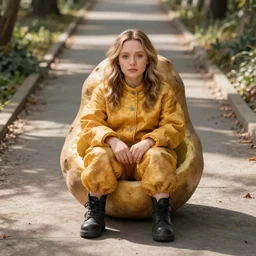 elizabeth olsen sitting in a hollowed out potato, elizabeth olsen in a potato suit, on the walkway