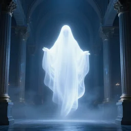a glowing white ghost floats in massive futuristic fantastical misty classical halls of creation. night time. deep blue tones. renaissance masterpiece. highly detailed sci - fi fantasy painting by norman rockwell, frank frazetta, johfra bosschart, and syd mead. rich colors, high contrast, dark background. artstation