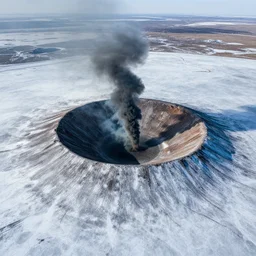 an aerial photo of a crater in an icy wasteland, emitting a column of black smoke