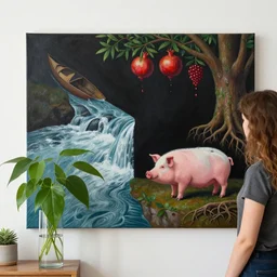a female art student in her apartment, plants in glass vase, water, river flowing through a wall, river, rapids, black wall, pig, buttress tree roots, canoe, pomegranate, berries dripping, acrylic on canvas, surrealist, by magritte and monet