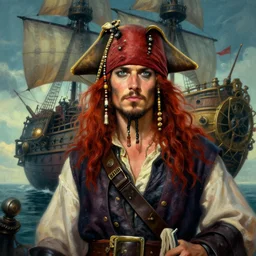 portrait painting of a long hair red hair male pirate in front of steampunk airship in the sky by raphael lacoste and stephan martiniere greg rutkowski gaston bussiere fantasy soft hair trending on artstation key art dramtic volumetric lighting, 4 k, award winning