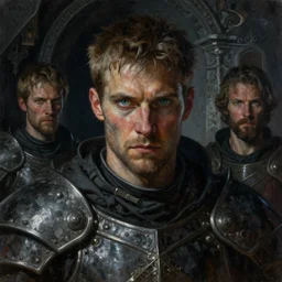 a highly detailed painting of a rugged paladin with piercing eyes, dimly lit dark tomb by marc simonetti and michael whelan and gerald brom