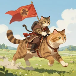 a warrior cat carrying his battle flag while riding a larger cat steed that is galloping into battle