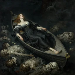 one woman one boat floating on the bodies of the dead, dark mythic fantasy, art by anders zorn, wonderful masterpiece by greg rutkowski, intricate, elegant, highly detailed, digital painting, artstation, concept art, smooth, sharp focus, illustration, eerie moody brooding beautiful cinematic, thomas lawrence, artgerm, mucha, greg rutkowski