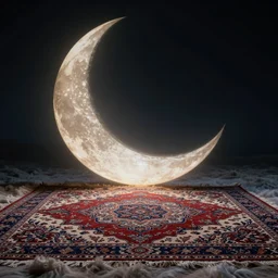 surreal half - moon in the sky in a magic fluffy persian carpet dimension, by greg rutkowski and gaston bussiere, dim lighting, beautiful volumetric - lighting - style atmosphere, surreal atmosphere, intricate, detailed, photorealistic imagery, trending artstation