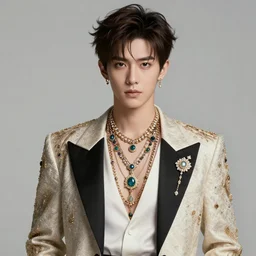 a character model design of a handsome and charming young man wearing excessive jewelry in an ornate and elegant way