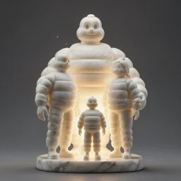 alabaster sculpture of the Bibendum family portrait model illuminated from behind, Michelin Man family portrait, luminescence scattered light, sculpture, photograph, studio lighting, product photography, while marble, figurine, cryengine,