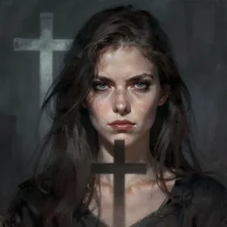 shameless woman whis impudent facial expression,  shadow of the cross in front, dark and mysterious, atmospheric, trending on artstation, highly detailed, digital painting, volumetric light, concept art, middle focus, illustration