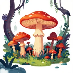 psychedelic mushrooms wide angle shot, enchanted jungle, white background, vector art, illustration by frank frazetta