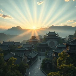ancient zhou dynasty, street view from mountain, crepuscular rays, epic scene, hyper realistic, photo realistic, overgrowth, cinematic atmosphere, ethereal lighting