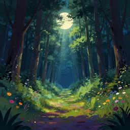 colorful sylvain sarrailh illustration of a dark night view down an empty forest tunnel, brightly illuminated by rays of moon, wildflowers, artstation, by peter chan