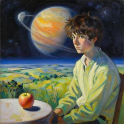 ilya kuvshinov, a painting of a stunning landscape, john singer sargent, greg rutkowski, anime, intricate, a planet in space, trending on artstation, striking lighting, an apple on a table