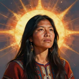 a realistic portrait of a beautiful indigenous woman blending with the sun, exploding in energy, art by alex gray