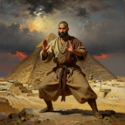 a close portrait of a charismatic egyptian / arabic style kung fu - monk on top of a pyramid overlooking the ancient monumental egyptian city, heavy clouds and setting sun, cinematic dark mood, an orientalist pre - raphaelite oil - painting by john everett millais