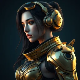 a digital concept art by artgerm, greg rutkowski and alphonse mucha. cyberpunk armo!! female character, space traveller. proportional figure. delicate features. alluring. navigator gear, gold and platin plated, dark blue background, poster style, ultra realistic. ultra detailed, volumetric light. unreal engine. 8 k.