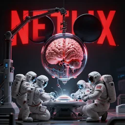 graphic art of dystopian futuristic 1 0 mechanic surgeons astronauts, operate on a mickeymouse!!!!!! head float brain exposed, held by a crane. ominous glowing red netflix!!! logo in the background, trending on art station, beeple!!!!, clean concept art, smooth, octane render, minimal