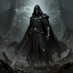 character art, an evil warrior mage, sinister intent, cape and hood, in a destroyed landscape, dark fantasy, concept art by craig mullins, trending on artstation