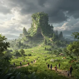a breathtaking view of a biophilic architecture, lush meadows, crowds of people, cinematic, epic sky, detailed, concept art, high detail, volumetric, ominous, misty, beautiful, trending on artstation, by jordan grimmer and federico pelat and wadim kashin, huge scene