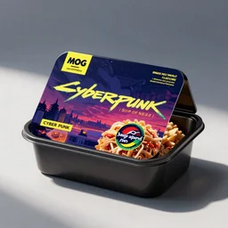 a package photo of cyberpunk food,