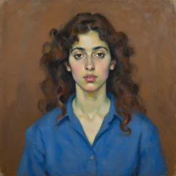 expressive medium shot portrait of a pale young 8 0 s model native indian woman with curly brown hair, big lips, wearing a blue shirt, brown background, oil painting, impasto, muted colors, artwork by lucian freud, arnold bocklin