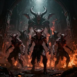 portal containing brutal demon army, dark, gritty, damaged, hellfire, hostile, demonic, diabolic, cinematic light, on artstation