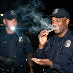 photography of police in the night, smoking a very big joint, smiling, flash shot
