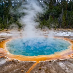 a photo of a hot spring nestled in a forest, grand prismatic spring