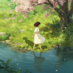 a wholesome cottagecore illustration of a woman walking on the backs of a river with her shadow flowing behind, studio Ghibli, Pixar and Disney animation, sharp, Rendered in Redshift and Unreal Engine 5 by Greg Rutkowski, Bloom, dramatic lighting