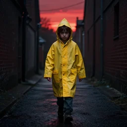 A kid wearing a yellow raincoat walking thru a dark alley, red sky, sunset, eerie, scary, cinematic, professional photography