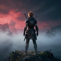 aloy from horizon zero dawn as the wanderer above the sea of fog, intense colors, dramatic lighting, by caspar david friedrich