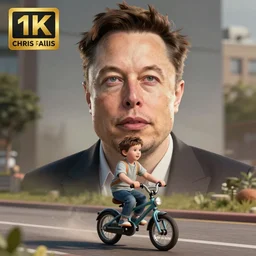 ( ( ( ( ( hyperrealist distant portrait of elon musk riding a tiny kids bike ) ) ) ) ) by chris rallis, fantasy, photorealistic, octane render, unreal engine, dynamic lighting, bet face, handsome man, beautiful, wlop, cute, perfect factions, perfect man, trending on artstation, poster, volumetric lighting, very detailed faces, 4 k, award winning